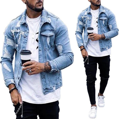 Lapel Men's Denim Jacket Ripped Irregular Washed Jacket