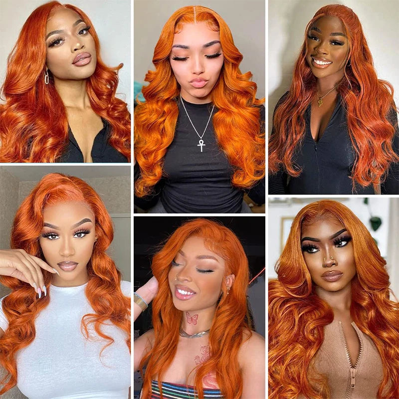 Ginger Orange Body Wave 13x6 Transparent Lace Front Wig Human Hair for Women #350 Colored Pre Plucked Natural Hairline 200%