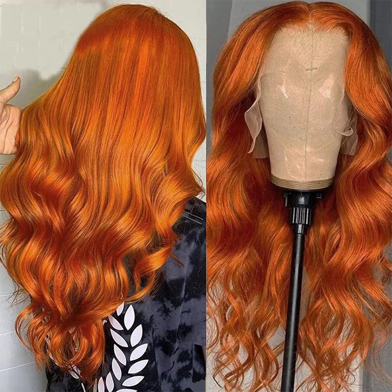 Ginger Orange Body Wave 13x6 Transparent Lace Front Wig Human Hair for Women #350 Colored Pre Plucked Natural Hairline 200%