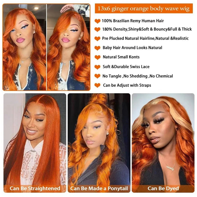 Ginger Orange Body Wave 13x6 Transparent Lace Front Wig Human Hair for Women #350 Colored Pre Plucked Natural Hairline 200%