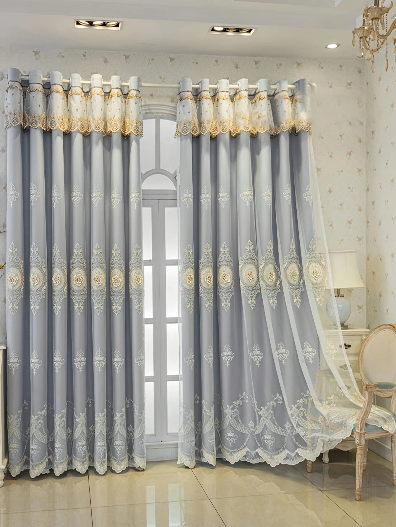 European Embroidered Jacquard Sheer Curtains Luxury Blackout Curtains Double Layer Window Darpes with Sheer Overlay