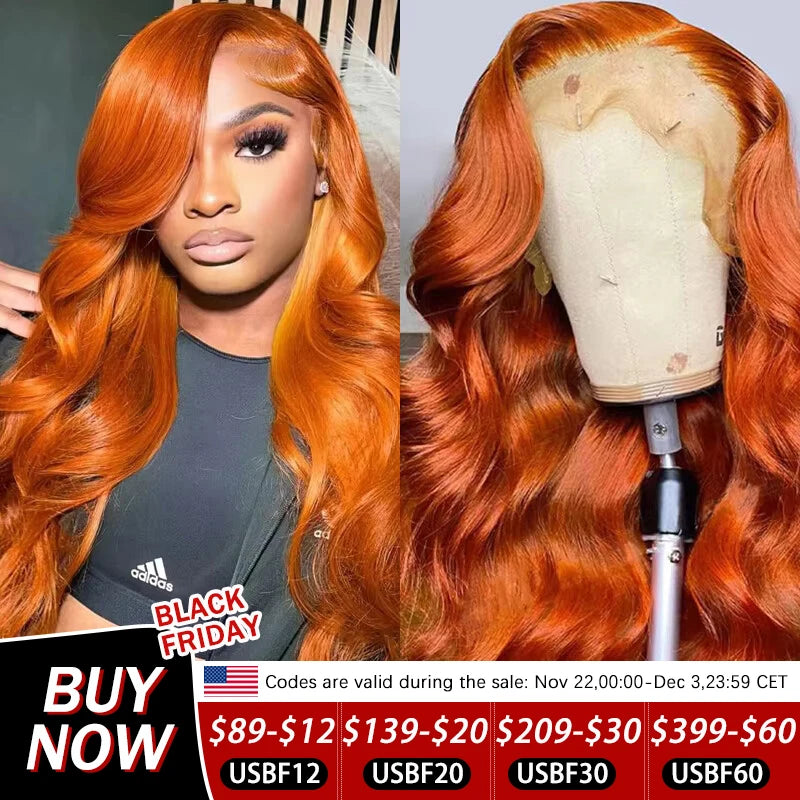 Ginger Orange Body Wave 13x6 Transparent Lace Front Wig Human Hair for Women #350 Colored Pre Plucked Natural Hairline 200%